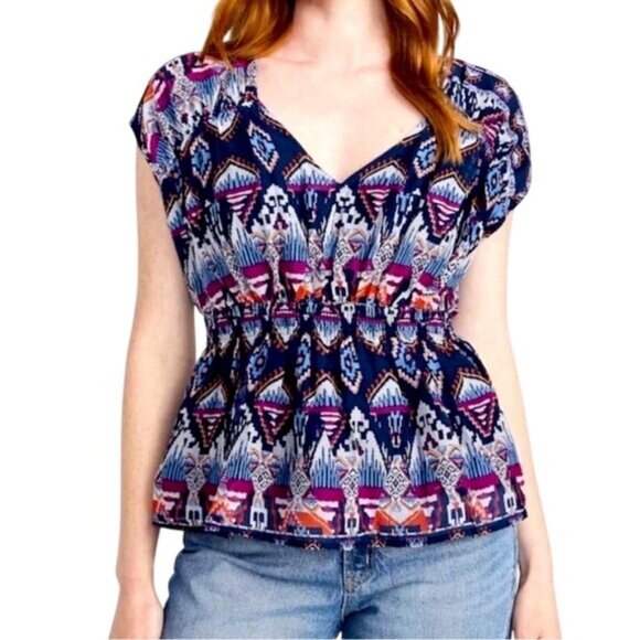 Old Navy Multicolor Aztec Print Blouse Waist Defined With Dolman Sleeve Size XL - Picture 1 of 11